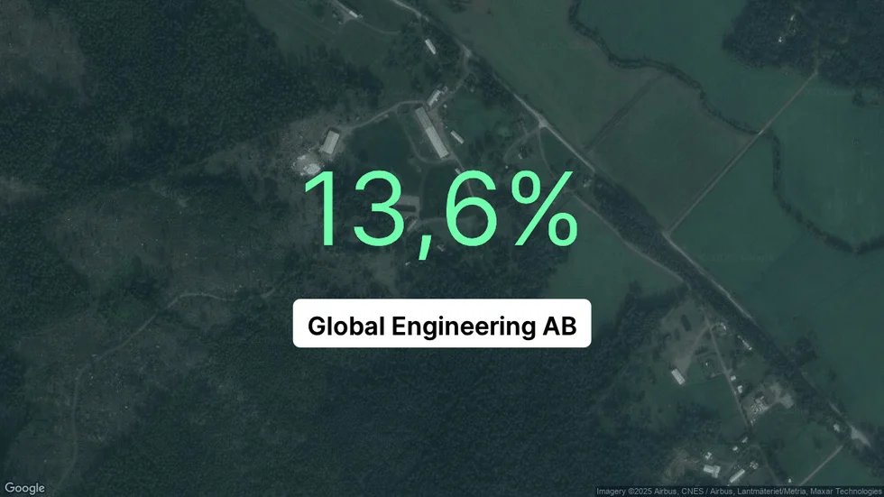 Illustrationen visar rörelsemarginalen för Global Engineering för det senaste året. Bakgrunden är en satellitbild över företagets adress.