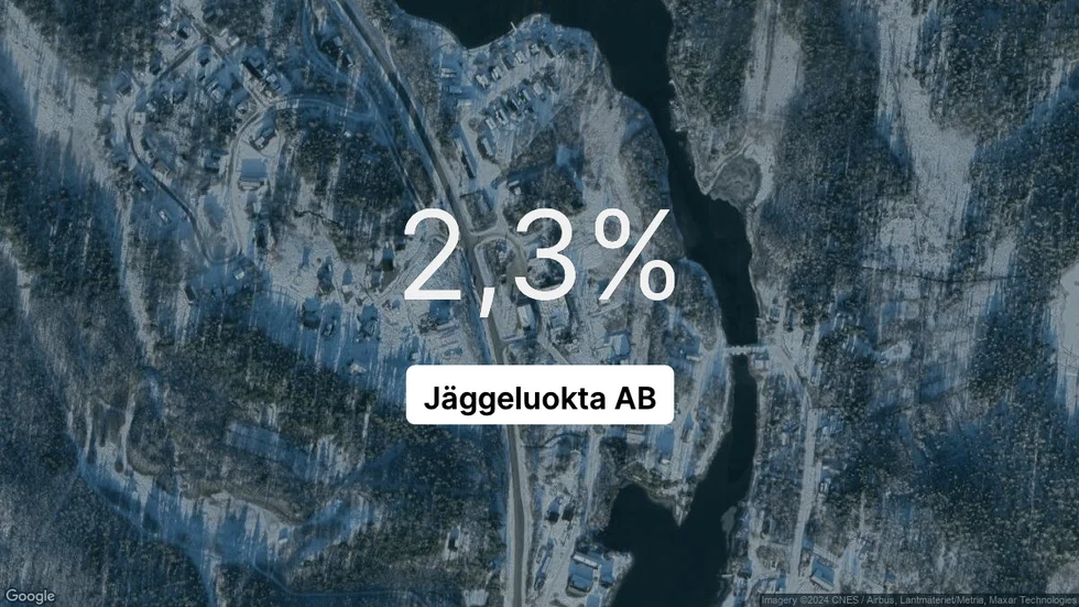 Illustrationen visar rörelsemarginalen för Jäggeluokta för det senaste året. Bakgrunden är en satellitbild över företagets adress.