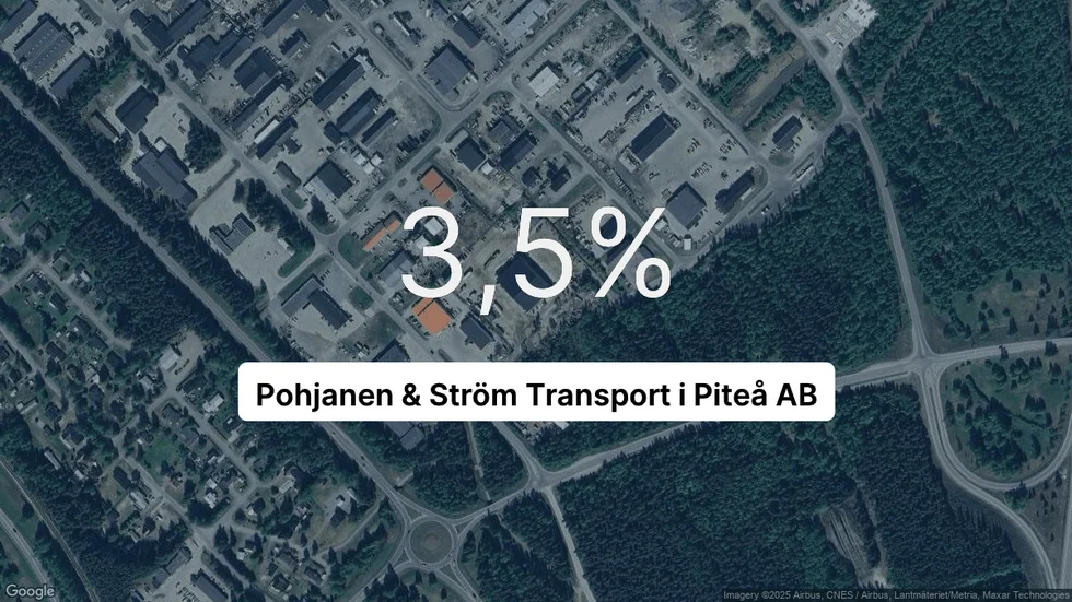 Illustrationen visar rörelsemarginalen för Pohjanen & Ström Transport i Piteå för det senaste året. Bakgrunden är en satellitbild över företagets adress.