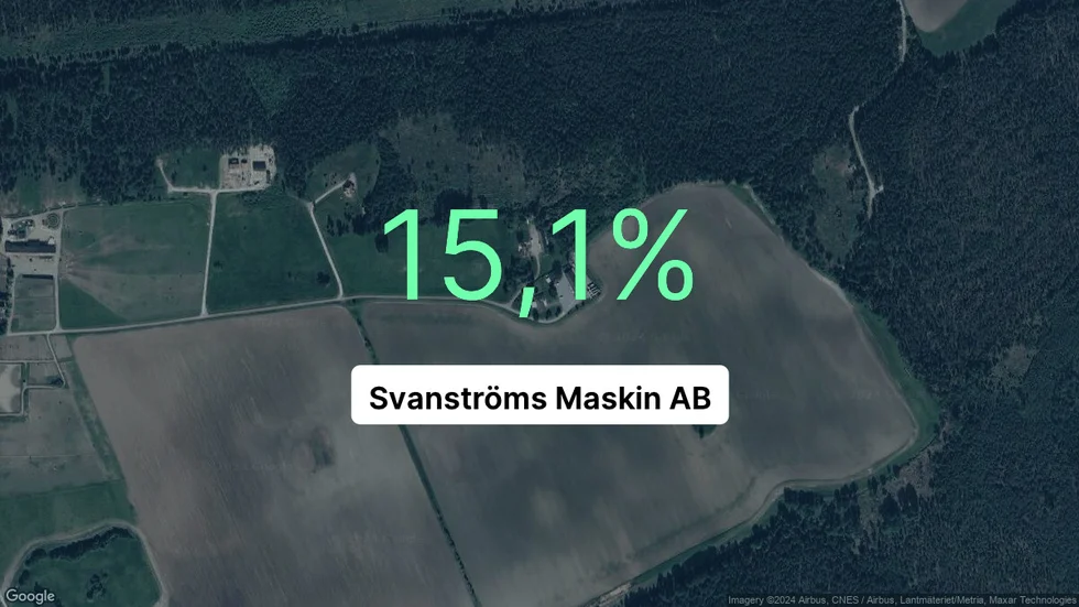 Illustrationen visar rörelsemarginalen för Svanströms Maskin för det senaste året. Bakgrunden är en satellitbild över företagets adress.