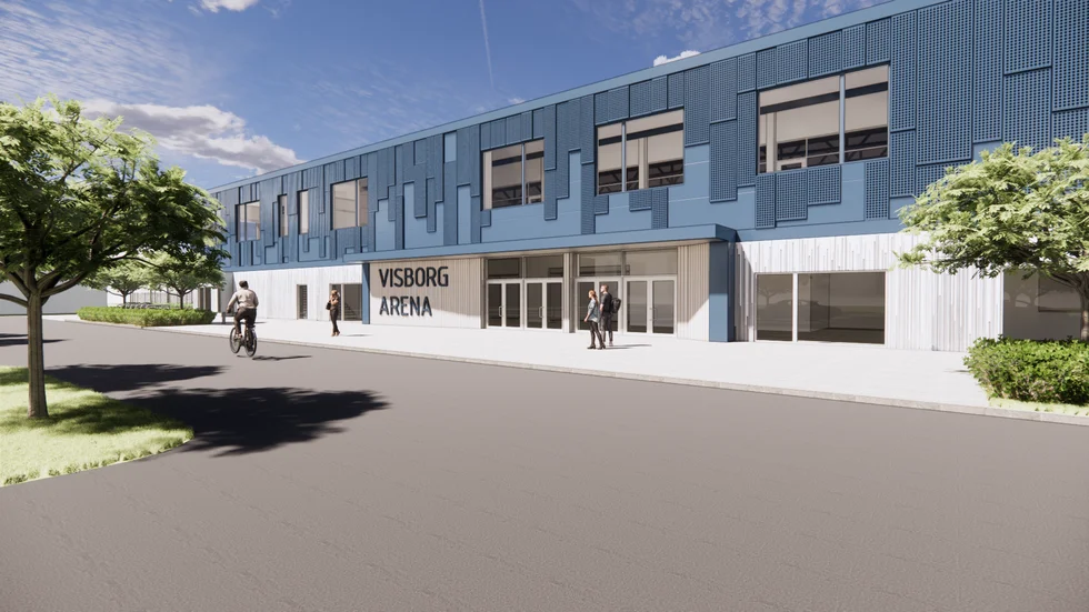 Visborg arena på skiss-stadiet. 
"Regionen behöver bygga och äga ishallen, när ekonomin tillåter. Och inte ge bort den!", skriver Vän av ordning och transparens.