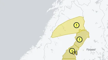 Dubbla gula varningar från SMHI. Ishalka gäller kusten och södra/mellersta inlandet, kuling gäller Bottenviken.