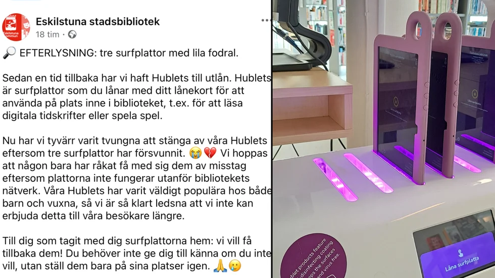 I ett inlägg på sociala medier uppmanar nu biblioteket personerna att lämna tillbaka de stulna surfplattorna.