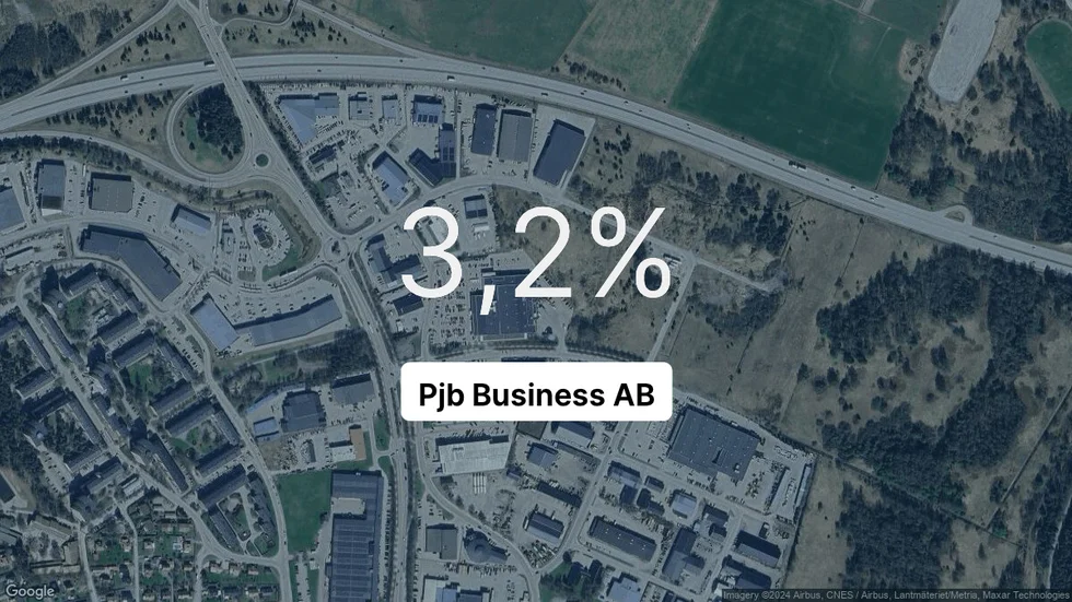Illustrationen visar rörelsemarginalen för Pjb Business för det senaste året. Bakgrunden är en satellitbild över företagets adress.