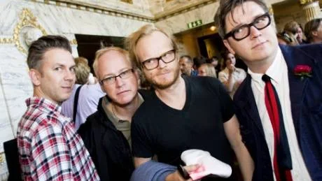 Killinggängets Andres Lokko, Robert Gustafsson, Martin Luuk och Tomas Alfredson sade bara några få ord om den kommande urpremiären.Foto: Christine Ohlsson/Scanpix