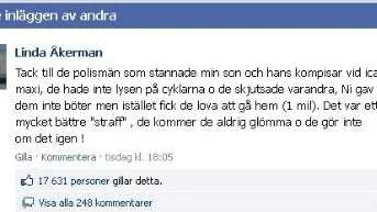 Strax innan halv fyra på torsdagseftermiddagen hade Linda Åkermans inlägg på Västervikspolisens Facebooksida fått drygt 17 600 "likes".