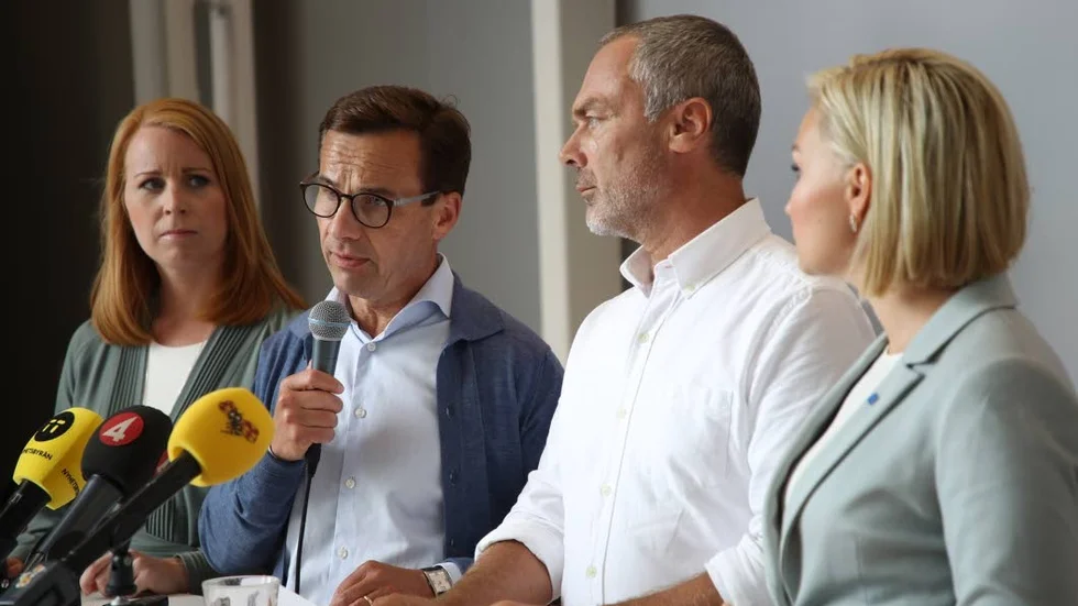 Alliansens partiledare fr v Annie Lööf (C), Ulf Kristersson (M), Jan Björklund (L), och Ebba Busch Thor (KD).