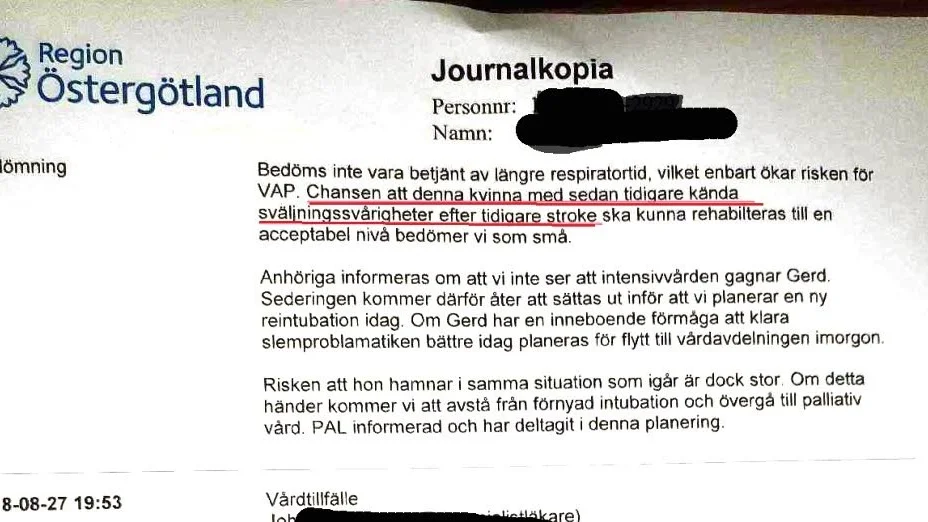 Sjukvården inom Region Östergötland hade journaluppgifter om de tidigare kända sväljsvårigheterna.