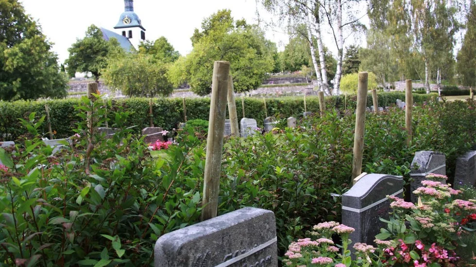 Till himlen. Stenar, stolpar, blommor, träd, buskar och kyrkotorn strävar alla uppåt. På sikt ska åtminstone stolparna bort.