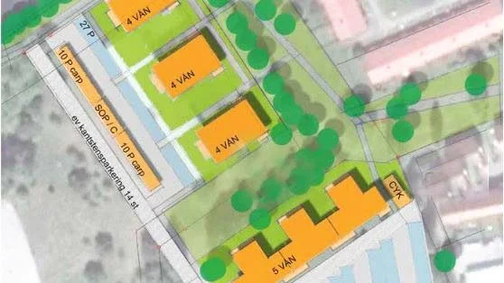 Så här tänker sig Bostadsbolaget planen för Häradsvallen i Mantorp. I övre vänstra hörnet skymtar Riksvägen.
