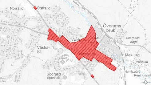 Utvecklingsområde. Det rödmarkerade området på kartan är det som ska utvecklas och omfattas av BID-projektet.