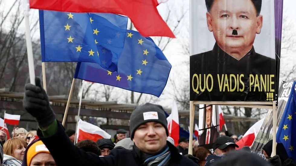 "Vart går du, herrn". Satirisk affisch på Polens verklige ledare partiledaren Jaroslaw Kaczinsky.