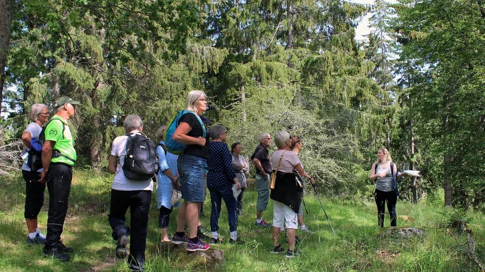 Guiden Hilda-Linn Berglund berättar för gruppen om naturreservatet.