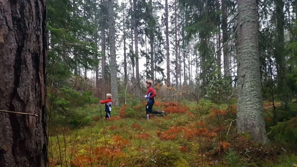Viggo Törnberg och Adam Bengtsson jobbar på att hitta rätt i skogen. I helgen var det märkestagning hos OK Motala.
