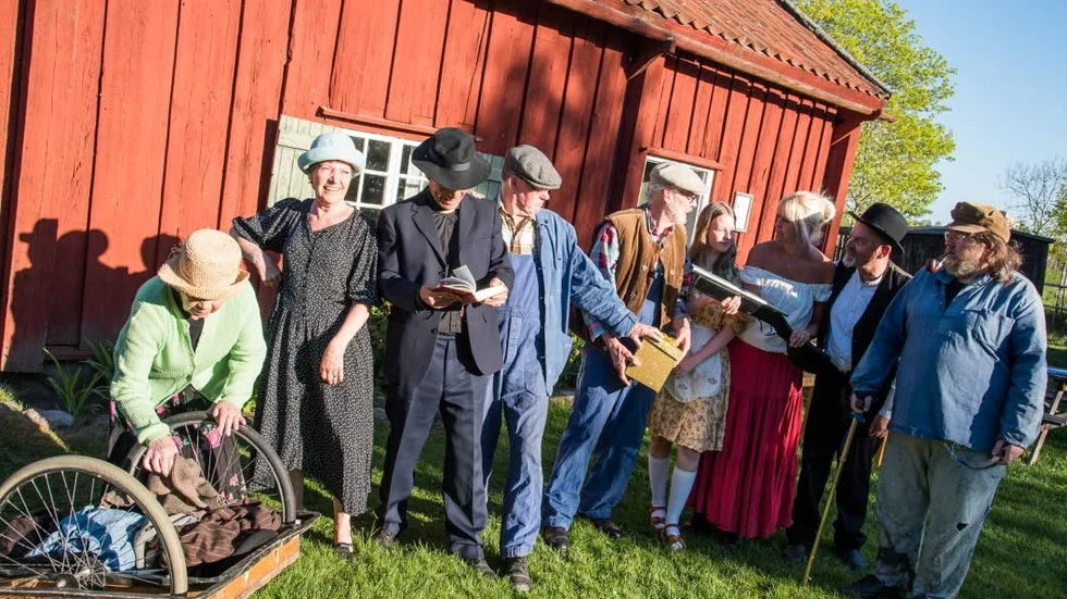 Hela skådespelartruppen som medverkar i lustspelet ”Loppor, löss och annan ohyra”. Premiär är på Kulbacken den 28 juni.