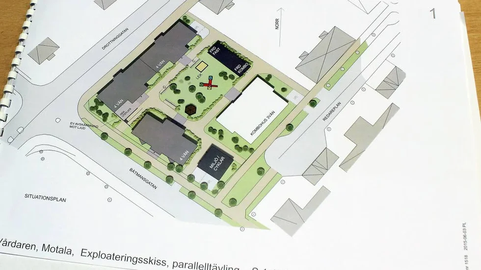 Byggplaner. Den vita huskroppen är byggd och de grå ingår i etapp två.