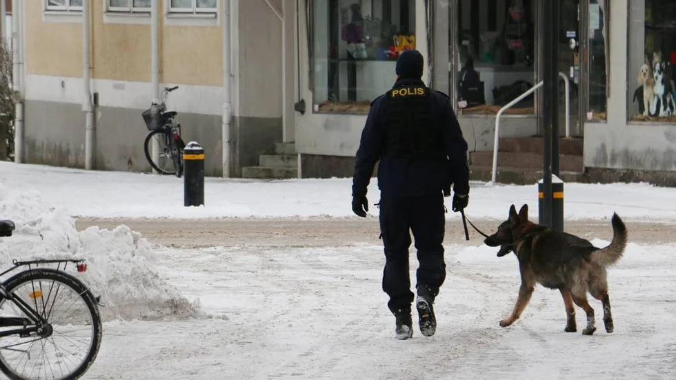 Polis med hund genomsökte centrala Hultsfred för att försöka hitta den försvunna väskan.