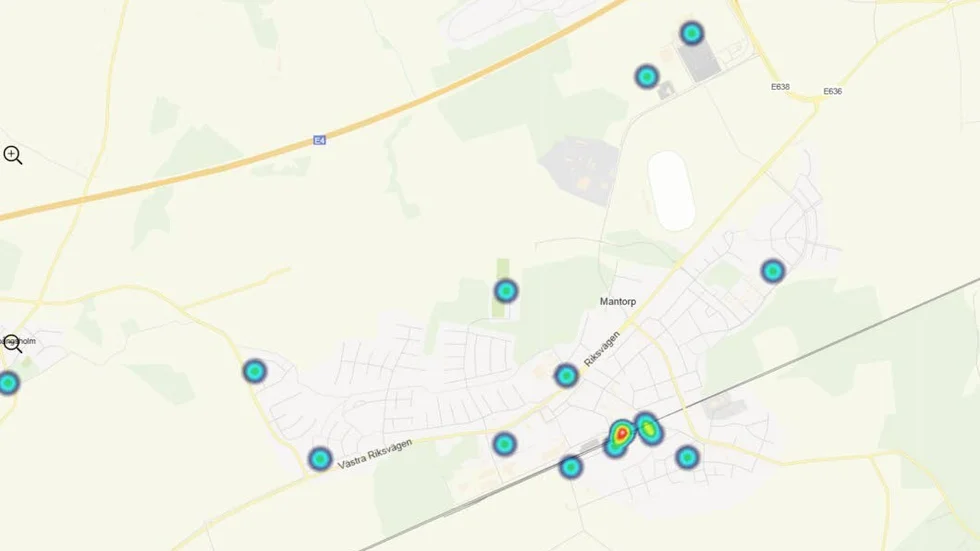 Kartan visar anmälda cykelstölder i Mantorp under 2018 - april 2019.