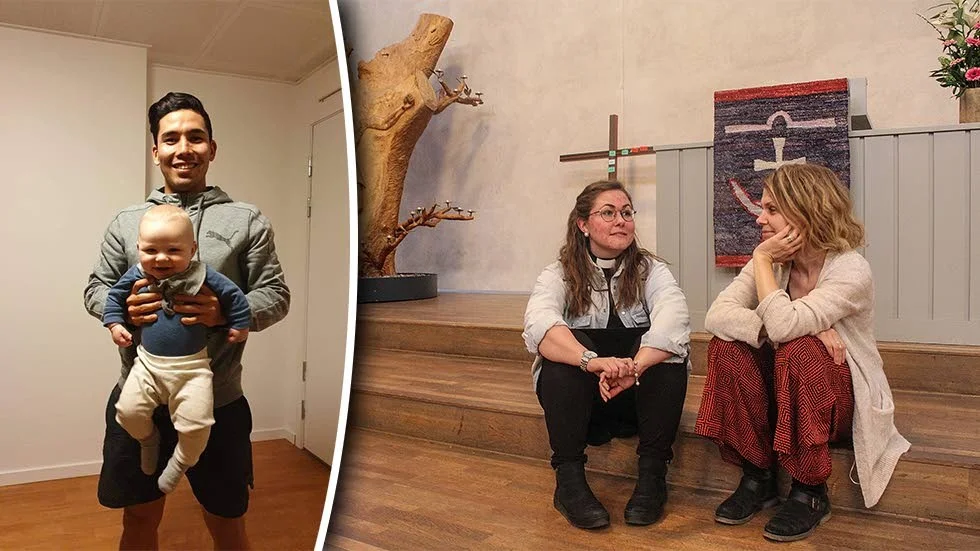 Abbas Alavi får stöd av pastor Maria Linder och diakonen Maria Lundgren.