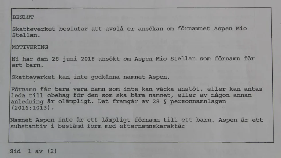 Skatteverket sade nej till Aspen som förnamn.