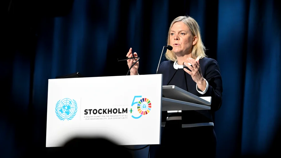 Statsminister Magdalena Andersson håller tal på Stockholm+50.