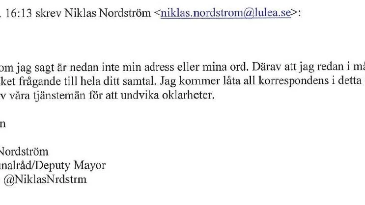 Den verklige Niklas Nordström svarar Mikael Fahlander efter att bluffen uppdagats.