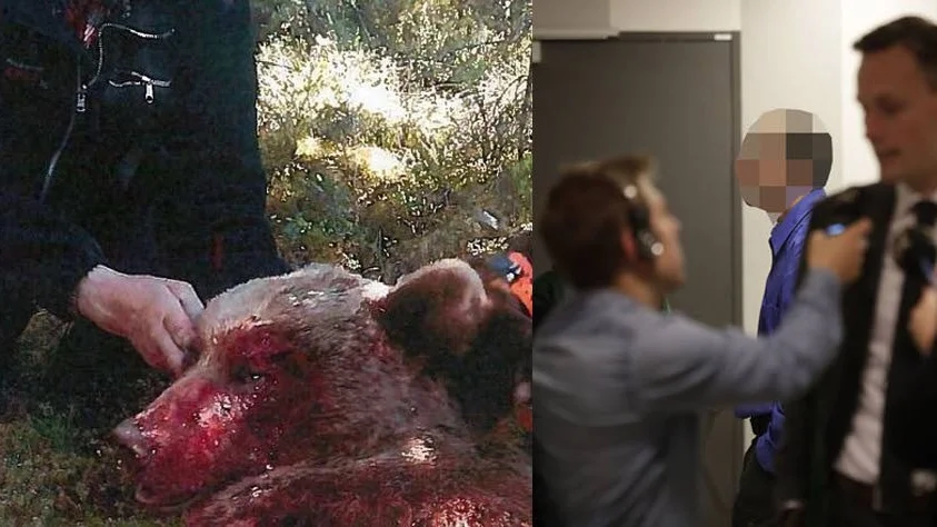 Poserar med björn. På orginalbilden ses hela mannen och även ansiktet. Bilden är beskuren. Medhjälparen misstänks tillsammans med Jaktprofilen (pixlad till höger) ha dödat en björn i juni 2016.