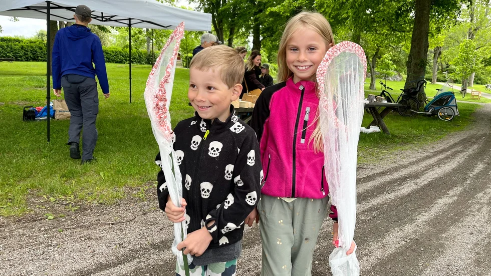 Alexander och Nathalie Grape var peppade på att fånga fjärilar. "Man fångar fjärilarna och tittar på dem, sen släpper man ut dem", säger Nathalie.