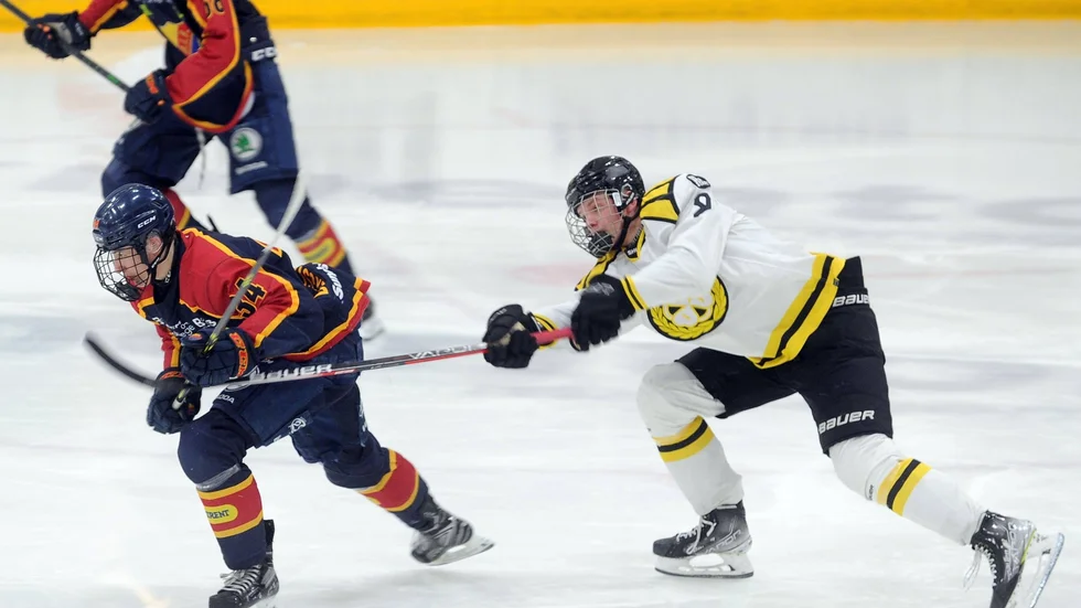 Djurgården var skäret före Brynäs i J18-finalen på Rosvalla. I varje fall i den andra perioden. Här är det Gnestakillen Arvid Bergström som åker ifrån sin motståndare.