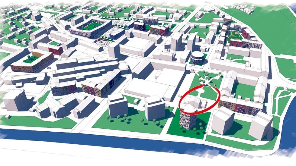Centrumvisionen. Det är Centralskolan som syns inringad. Framför har det ritats in ett höghus i motsvarande höjd som grannhöghusen. Dessa är åtta våningar höga i dag.