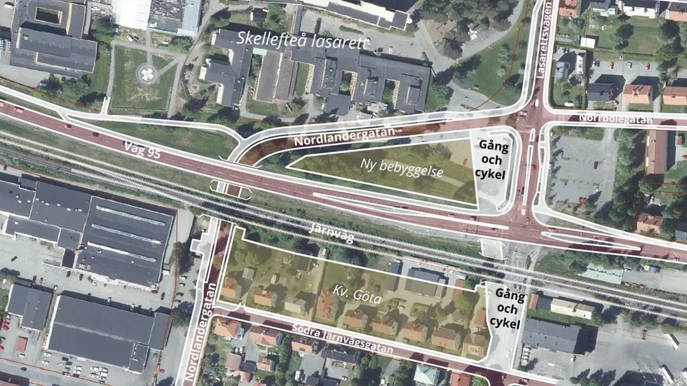Detaljplanen för en ny sträckning av Nordlandergatan ut. Planområdet ligger direkt söder om Skellefteå lasarett. Skribenten tycker inte att det är ett bra förslag.