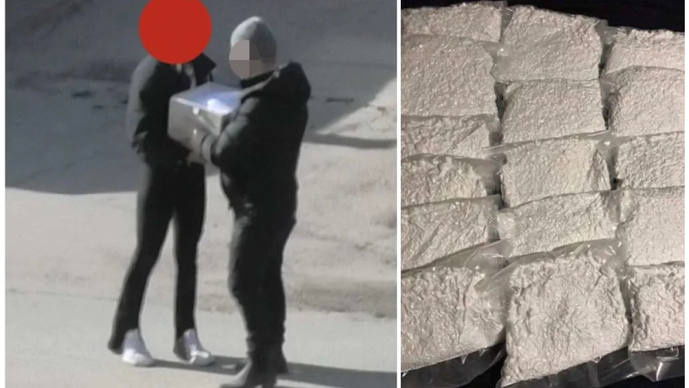 Spaningsfoto från Sala backe i Uppsala 14 april 2021. Enligt polisen sker på bilden en leverans av drogen kristall.   
