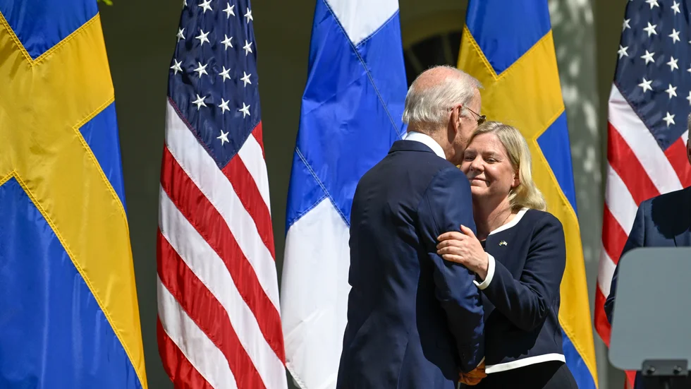 USA:s president Joe Biden och statsminister Magdalena Andersson vid presskonferensen efter mötet i Vita huset.