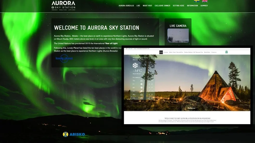 Lika som bär. Norrskensskådningen i Abisko blev en världssensation och nu har andra resmål tagit efter, ibland lite väl nära originalet. Se den infällda bilden med "Sky Aurora Station" i Rovaniemi som erbjuder en snarlik upplevelse.
