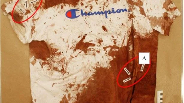 Blod. Offret blödde kraftigt och var mycket nära att avlida. Hans t-shirt var blodig både på fram- och baksida.