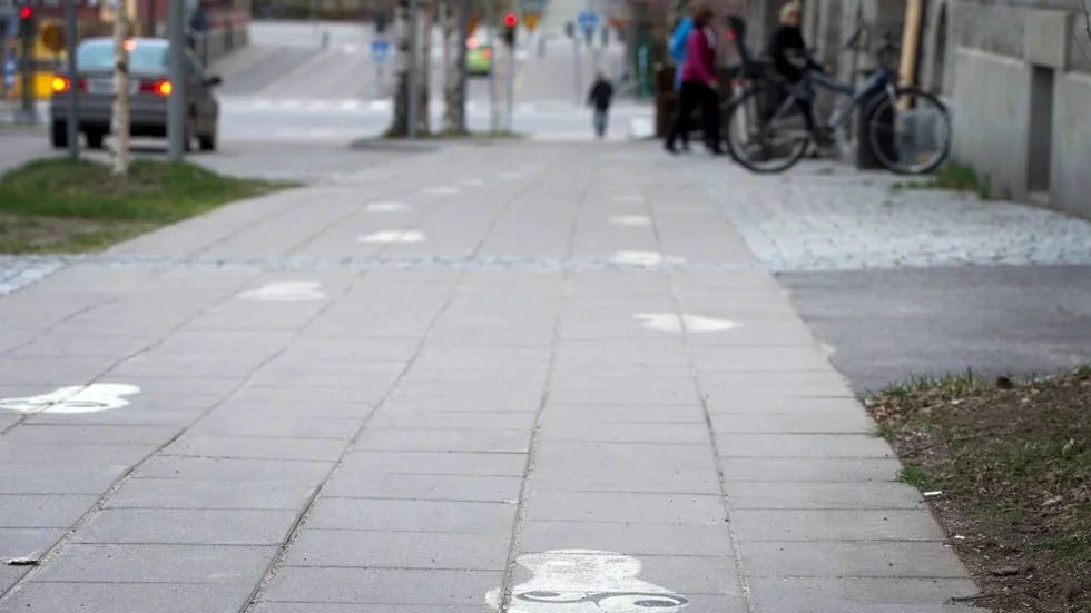 Förra sommarens målande insats i form av vita fötter på Piteås gator blir kvar. Snö och is har inte förmått nöta bort Sämfors och Fallholms ledsagande verk.
Foto: