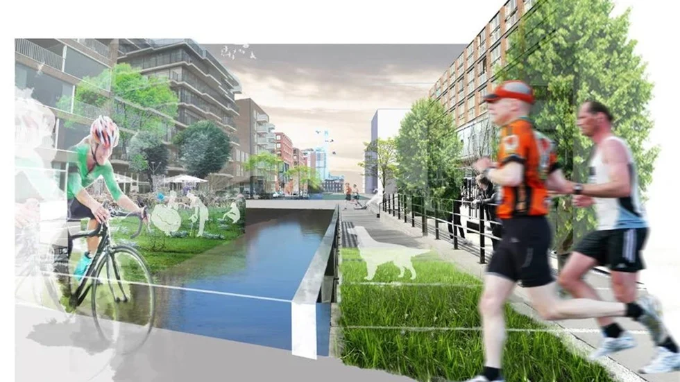 Här sträcker sig kanalen genom Bränneriparken, mellan Strömmen och parken kring Johannisborg.

Illustratör: Erik Telldén