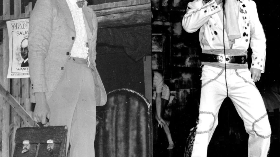Mikael Reinholdsson som ”Fekt Leonard” och numera sörlänningen Irving Kågström som rockkungen Elvis var ett par av nyårsrevyns minnesvärda godbitar.