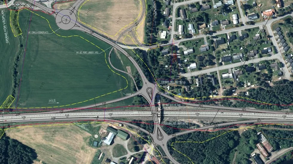 Så här är den nya trafikplatsen tänkt att se ut strax söder om Piteå med nya av- och påfarter mot Hortlax respektive Tingsholmen, samt bygget av en rondell förbi Flakabergsvägen och vid avfarten mot Maran.