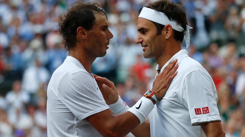 Rafael Nadal och Roger Federer under Wimbledon. Arkivbild.