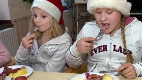 Marika Tolander och Matilda Fineer tycker att strusköttbullarna och kalkonen var godast på julbordet.