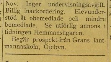 Hösten 1914 påbörjades utbildningen vid lantmannaskolan, för manliga elever.