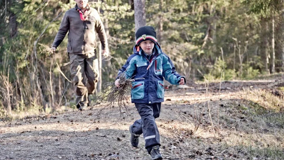 7-årige Viggo Norman plockar kvistar och pinnar för att kunna göra upp en eld till en av uppgifterna.