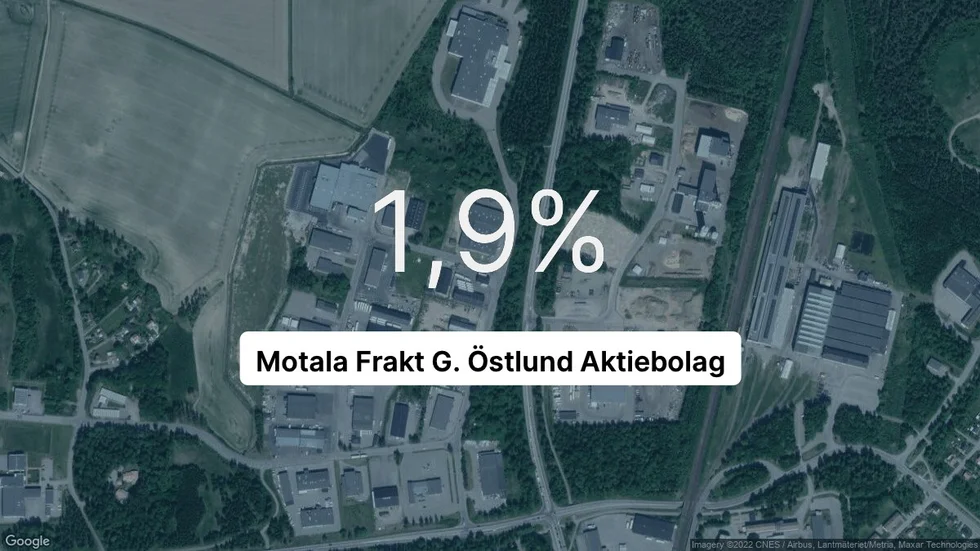 Illustrationen visar rörelsemarginalen för Motala Frakt G{dot} Östlund för det senaste året. Bakgrunden är en satellitbild över företagets adress.