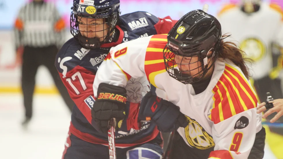 Nara Elia i kamp med Brynässpelare under lördagens förlustmatch mot Brynäs. Under söndagen blev det dock seger.