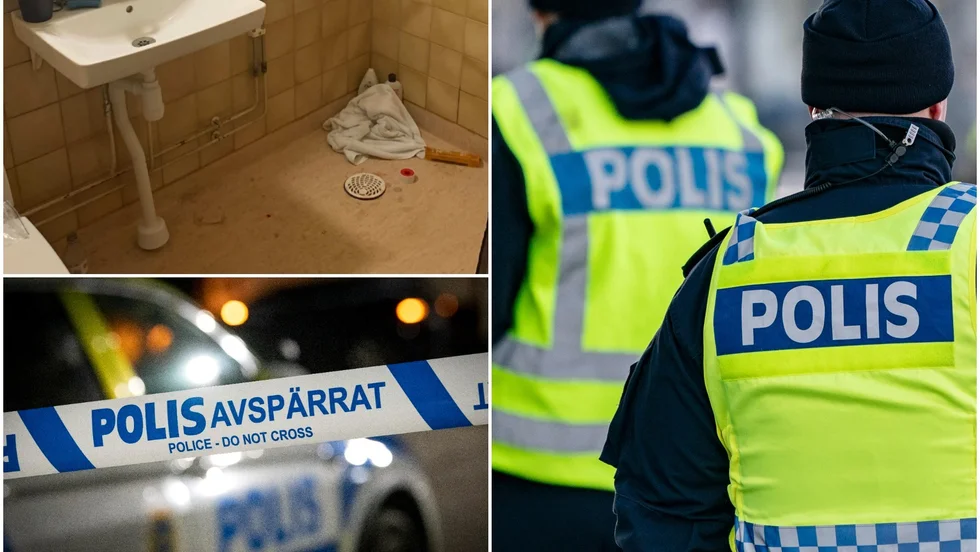 Den skadade mannen återfanns i badrummet till lägenheten (bilden ovan till vänster).