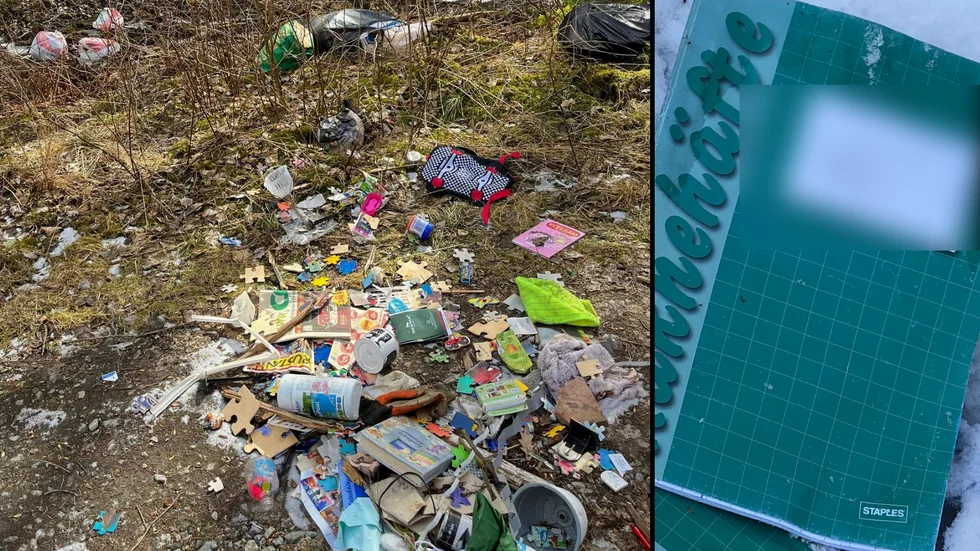 Bland skräpet som Kim Fält Johansen påträffade i söndags ligger mattehäften med förnamn och klass angivet. Däremot ingen skola. Tillsammans med övriga prylar tyder det på att skräpet tillhör en barnfamilj.