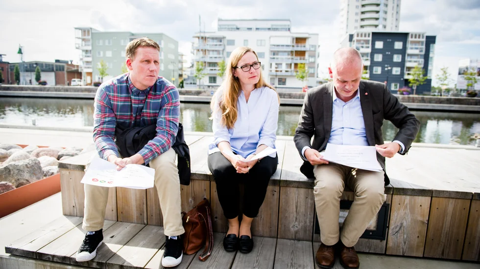 Det här blev det sista utspelet för det rödgröna styret i Nyköping under valrörelsen 2018, från vänster Nicklas Franzén (V), Malin Hagerström (MP) och Urban Granström (S). 