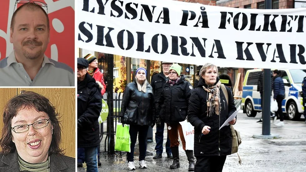 Intern S-kritik mot nedläggningen av byaskolorna. Partiprofilen Leif Mettävainio, Råneå, och Vitåbon Gerd Nordmark, ersättare för S i fullmäktige, tar strid för Vitåskolan – i protest mot sparförslagen.
