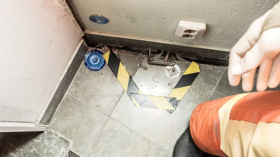 En spricka vid ingången till brandsstationen är vid nog att sätta ner handen i.